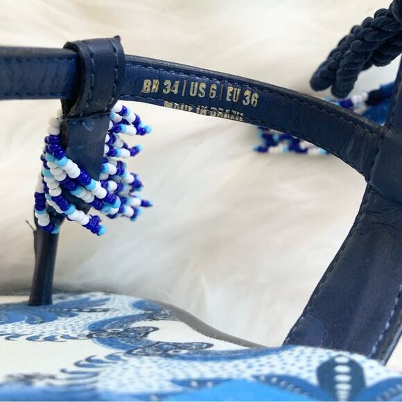 Farm Rio Blue Beaded Flat Lace Up Sandals White Vacation Size 6 NEW WITHOUT BOX - Picture 11 of 16